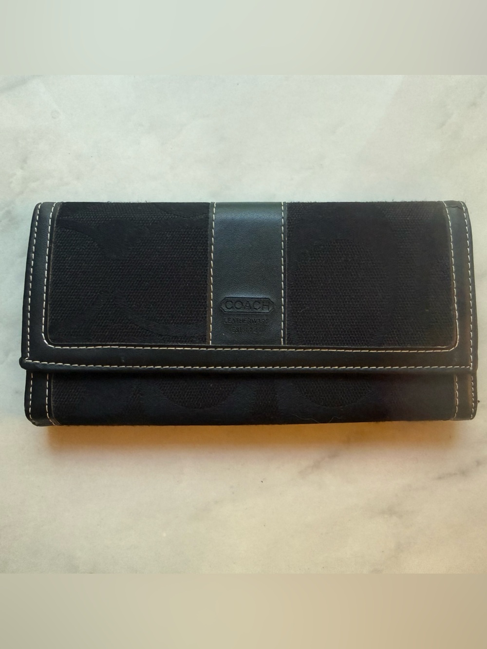 Coach Black Signature Jacquard Canvas Leather Trifold Wallet Contrast Stitching